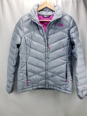 The North Face Puffer Jacket Grey Pink 550 Down Insulated Full Zip Size Large